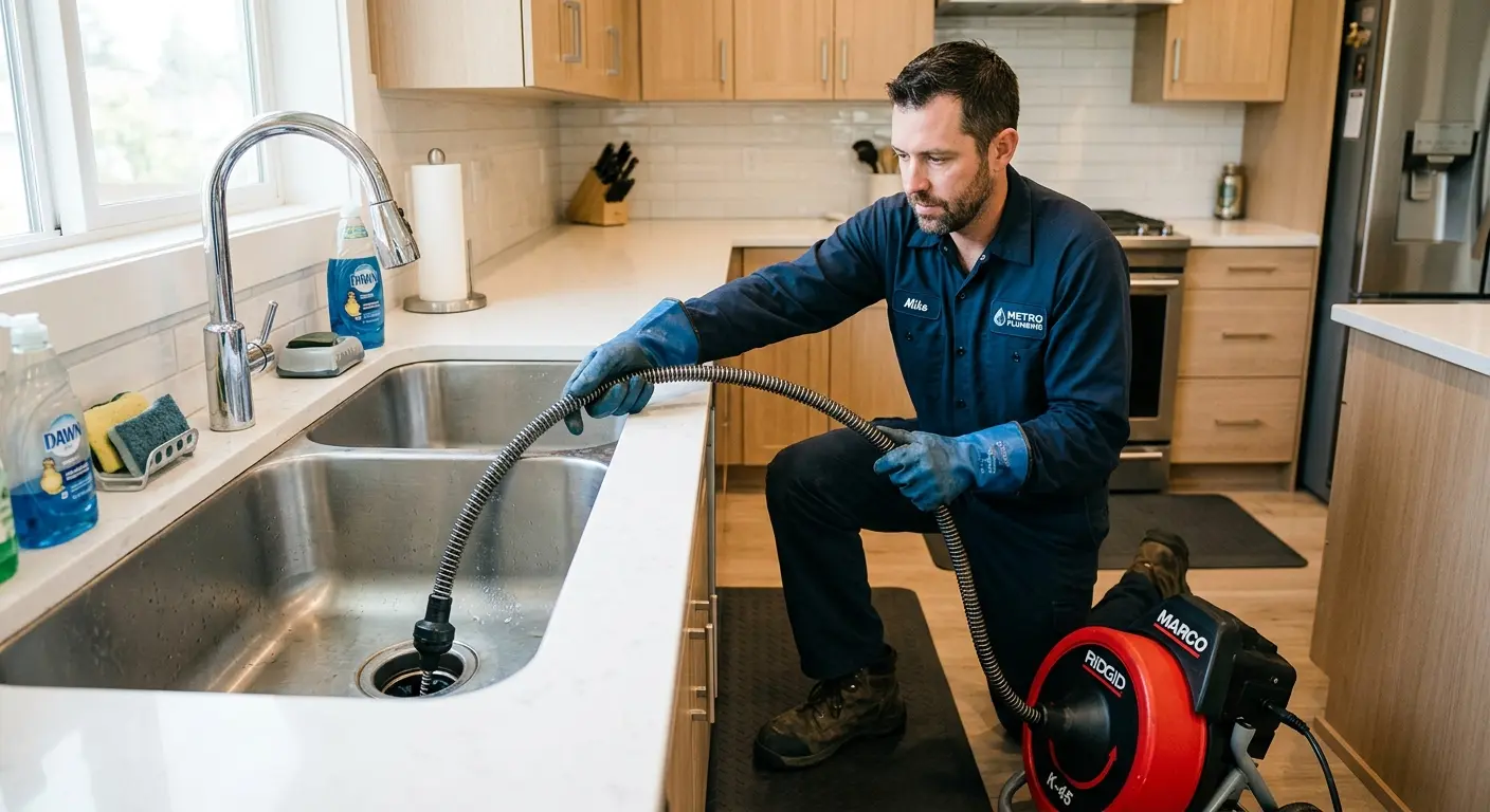 Drain cleaning technician using a motorized snake on a kitchen sink in Marble Falls