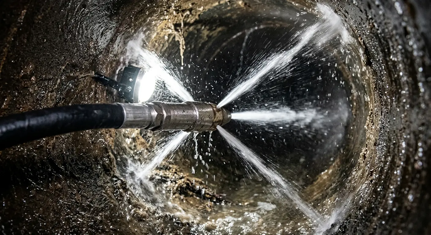 High-pressure hydro jetting nozzle cleaning sewer pipe for Trenchless Sewer Repair in Marble Falls