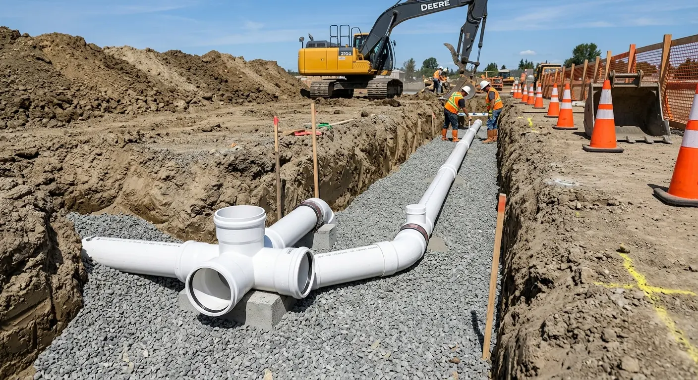 New PVC sewer pipe installation in open trench for Commercial Drain Cleaning in Marble Falls