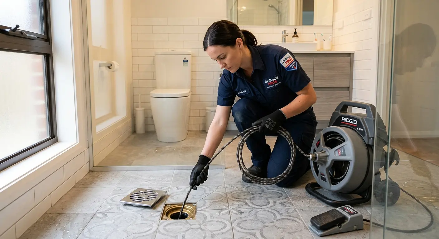 Technician clearing a bathroom floor drain for Sewer Line Installation in Marble Falls